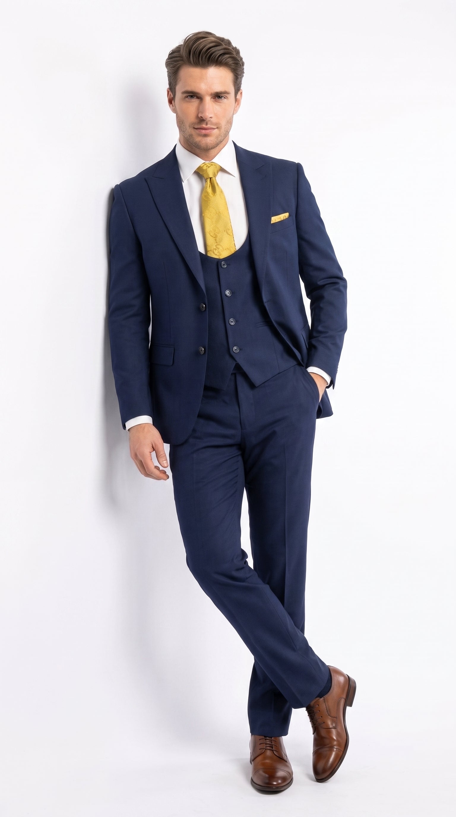 Mens Vitali 3 Piece Suit W/Scoop Vest Navy Blue 3-Piece Suit – Big Peak Lapel  Vest and Pants  Modern Fit Two Buttons