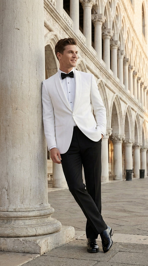 Men’s uniform White Dinner Jacket Tuxedo – Classic White Formal Tuxedo Jacket with Black Pants for Wedding, Prom & Black Tie Events