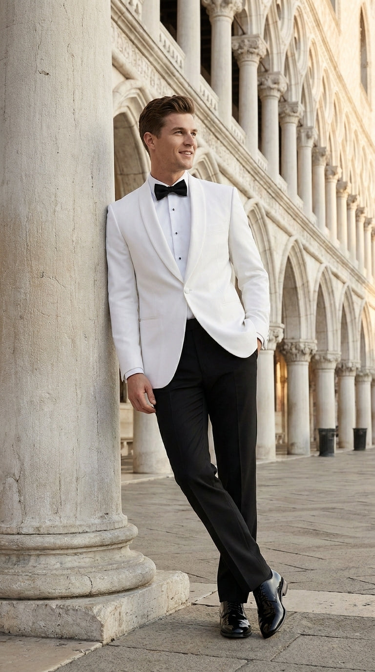 Men’s uniform White Dinner Jacket Tuxedo – Classic White Formal Tuxedo Jacket with Black Pants for Wedding, Prom & Black Tie Events