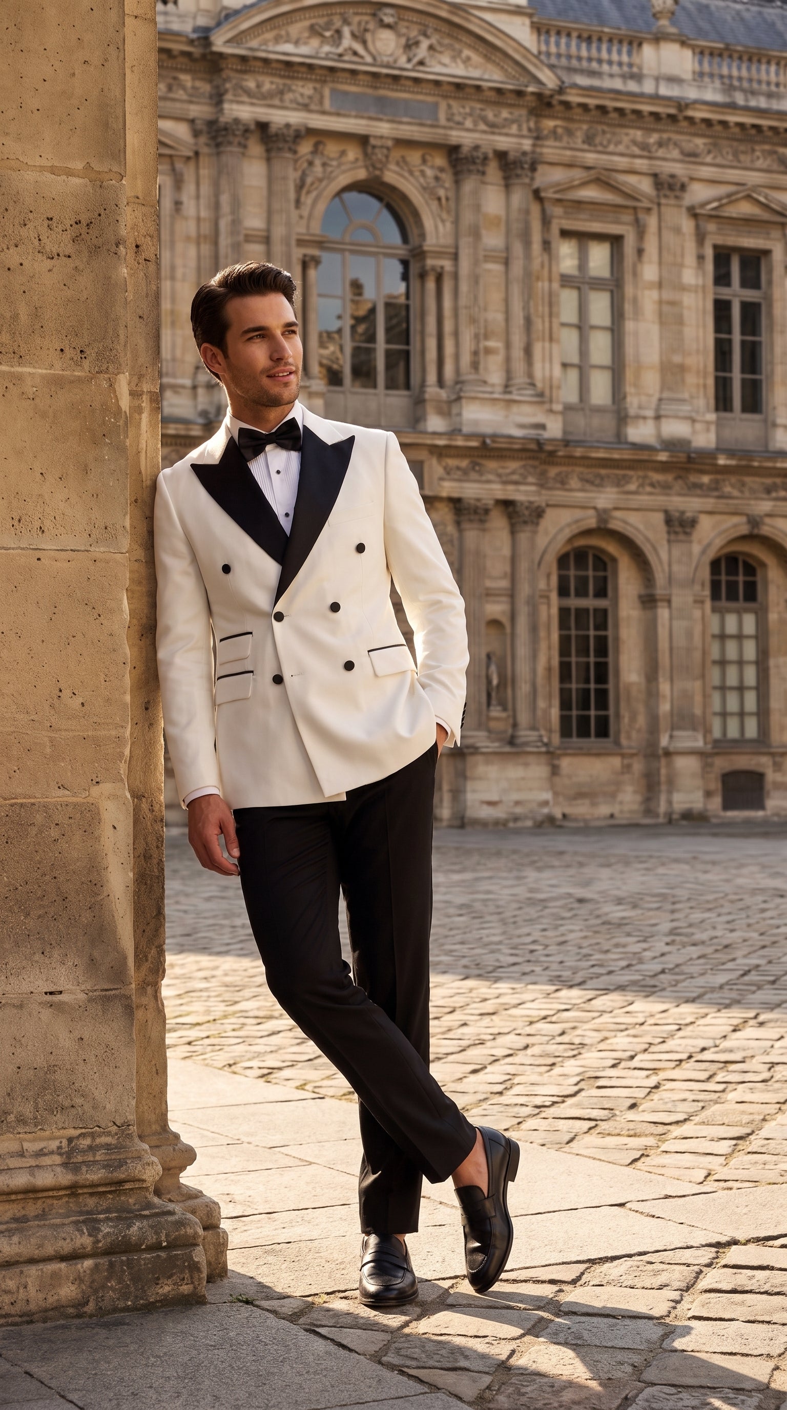 Men’s Vintage Hollywood Ivory Double-Breasted Tuxedo – Black Peak Lapel Wedding and Formal Suit - 34 Short or Extra Small