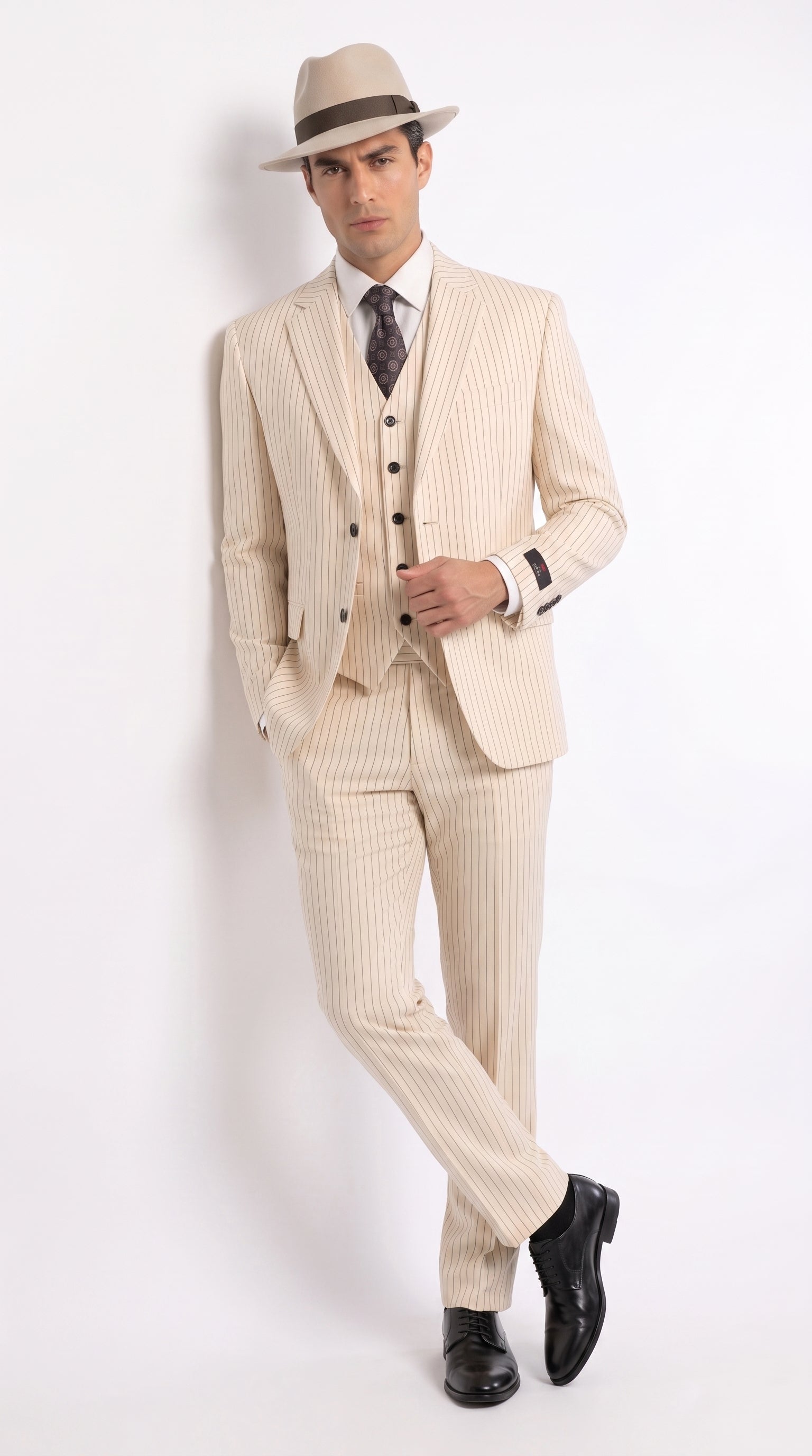 Men’s Ivory Cream Pinstripe Scarface Suit – Vintage Gangster Modern Fit 3-Piece Wedding Suit - 34 Short or Extra Small