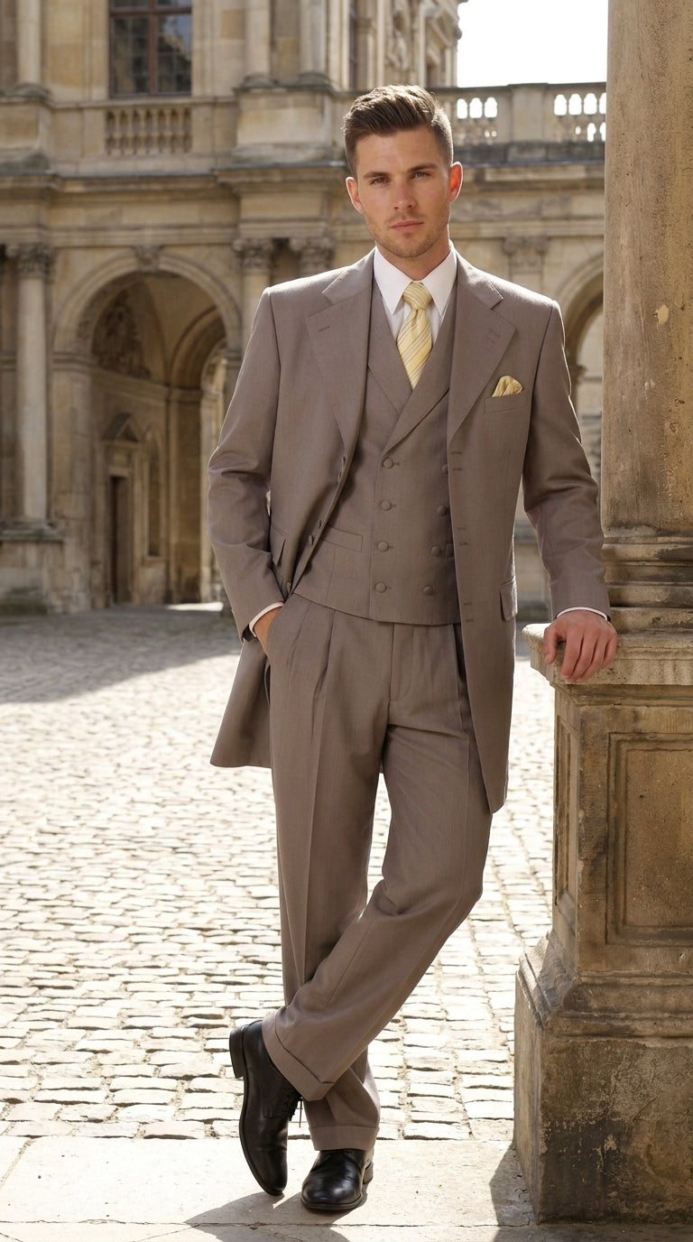 Men’s Light Kahki Sand 3-Piece Suit – Six-Button Jacket with Double-Breasted Vest and Pleated Pants Tan Color