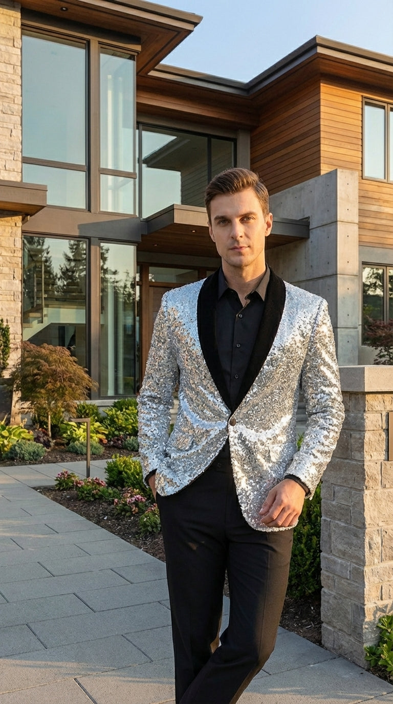 Men’s Silver Sequin Blazer Disco Style Jacket – Black Lapel Party Blazer, Shiny Evening Wear, 70s Dance Outfit, Formal Event Jacket - 34 Short