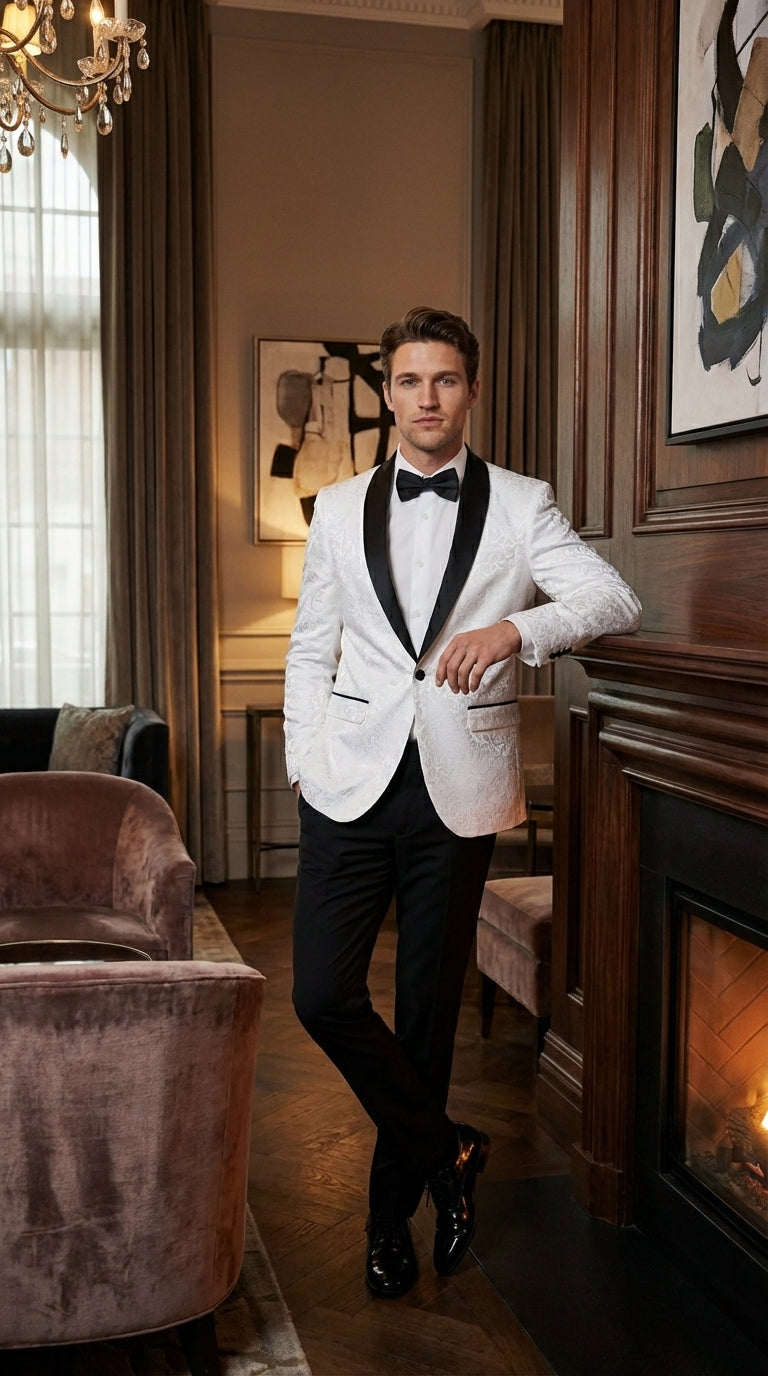 Men’s White Dinner Jacket Disco Blazer 1980s Sequin Style Jacket – Black Lapel Party Blazer, Formal Masquerade Club Wear Paisley Fabric + Bowtie - 34 Short