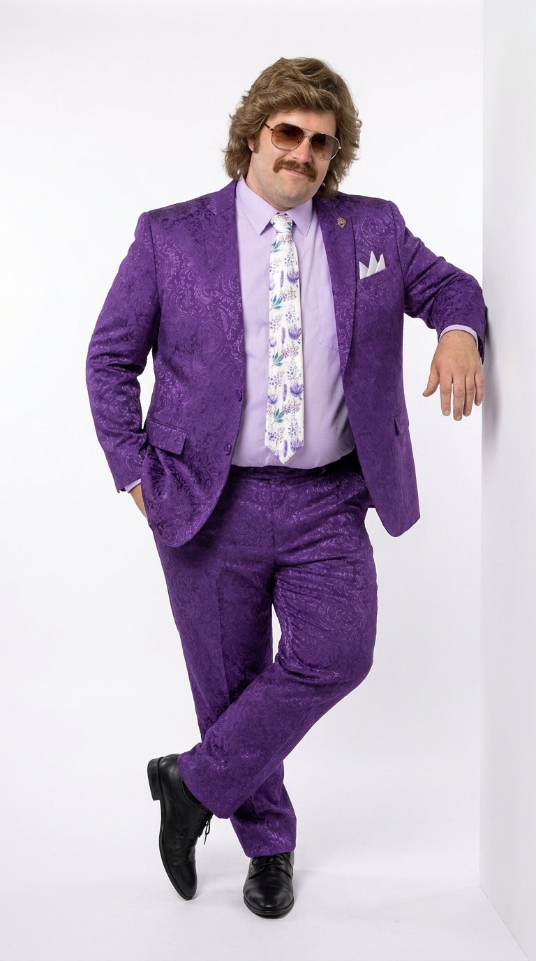 Men’s Purple Paisley 2-Piece Suit – 1970s Disco, Retro Rockabilly, Prom and Party Suit - 34 Short or Extra Small