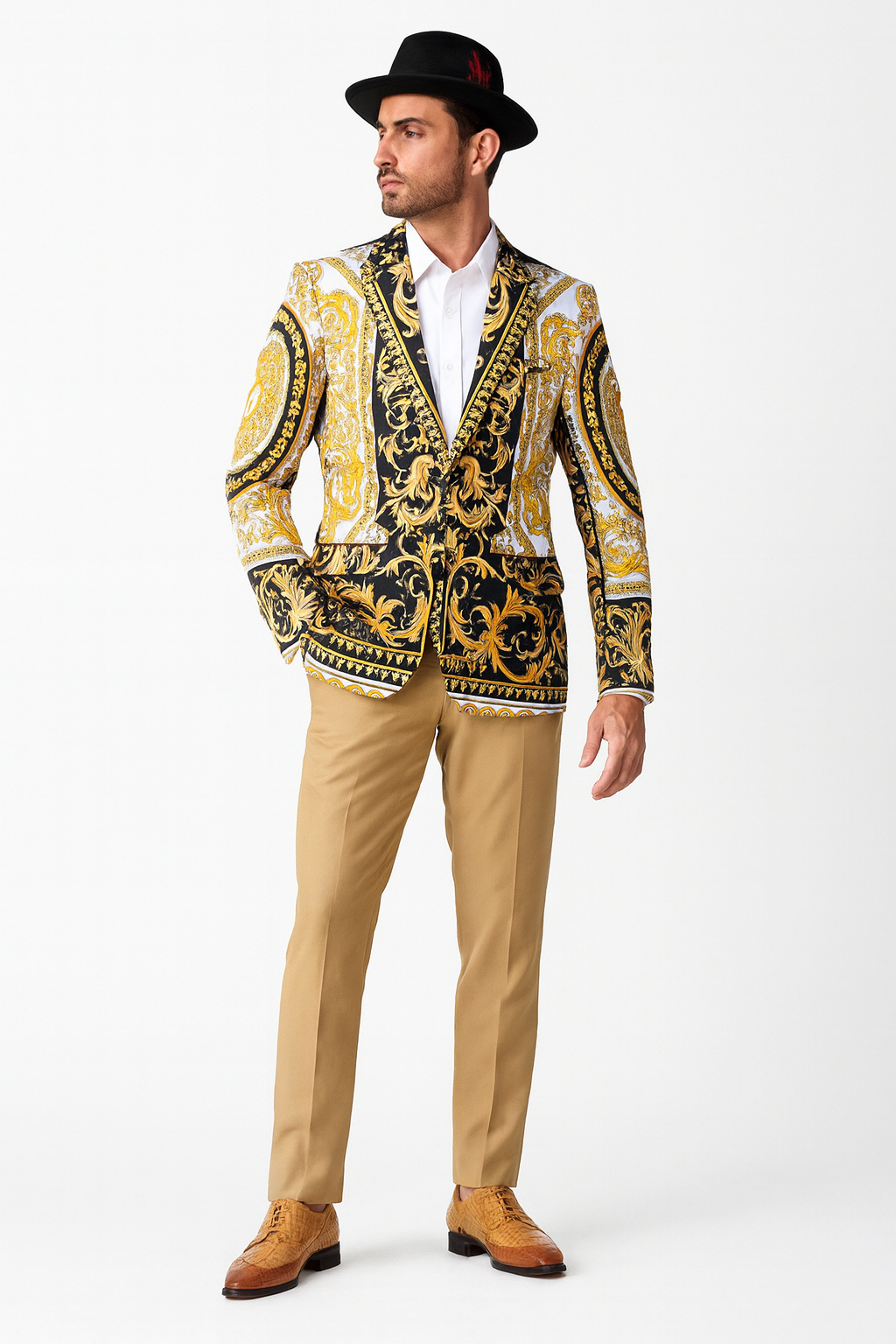 Menâ€™s Black and Gold Baroque Blazer with Matching Pants, Hat, and Shoes â€“ Luxury Party and Wedding Outfit Set - 36 Short