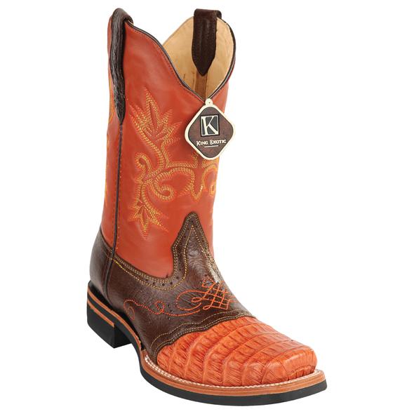 Men's King Exotic Caiman Square Toe Boots Rubber Sole & Saddle Vamp Cognac  (48168203) - 6