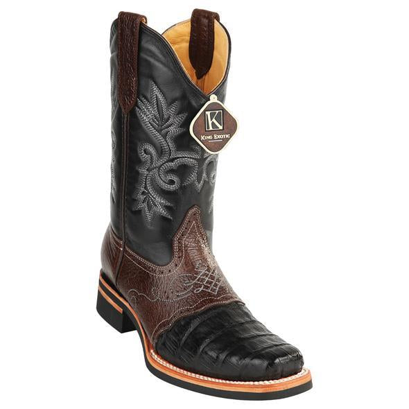 Men's King Exotic Caiman Square Toe Boots Rubber Sole & Saddle Vamp Black (48168205) - 6