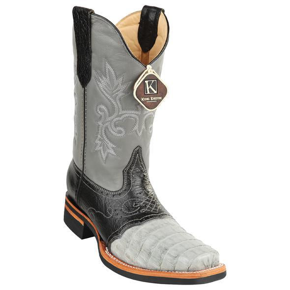 Men's King Exotic Caiman Square Toe Boots Rubber Sole & Saddle Vamp Gray (48168209) - 6