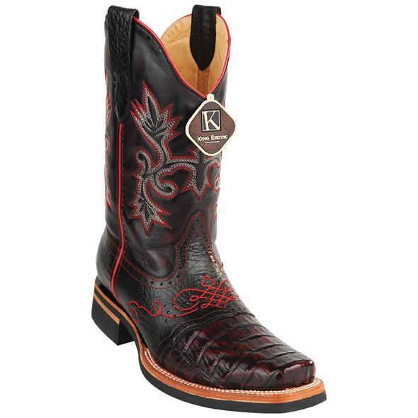 Men's King Exotic Caiman Square Toe Boots Rubber Sole & Saddle Vamp Black Cherry (48168218) - 6