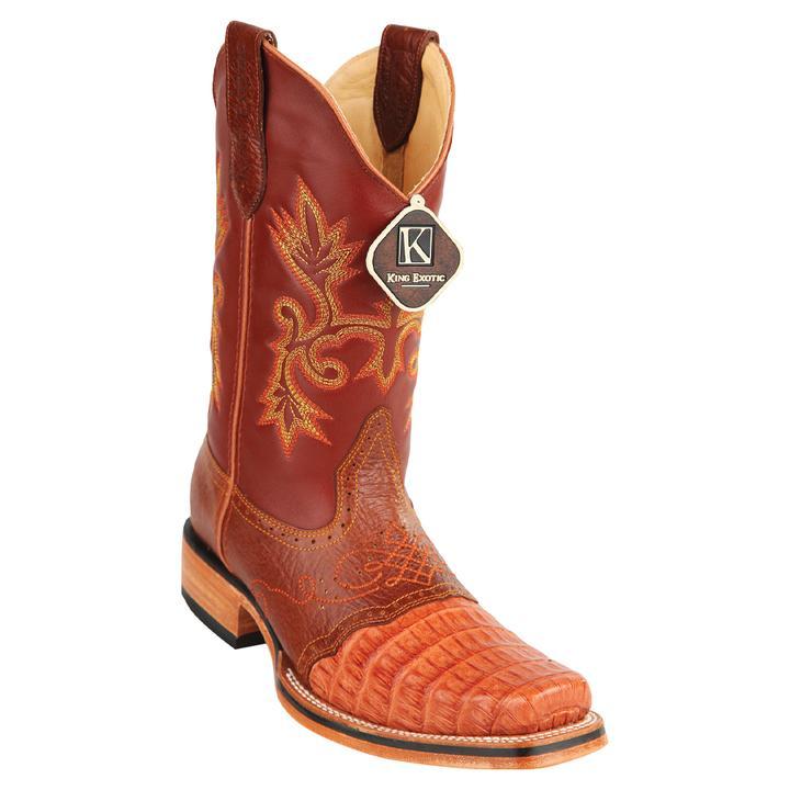 Men's King Exotic Caiman Belly Square Toe Boots Handcrafted Cognac  (48178203) - 6