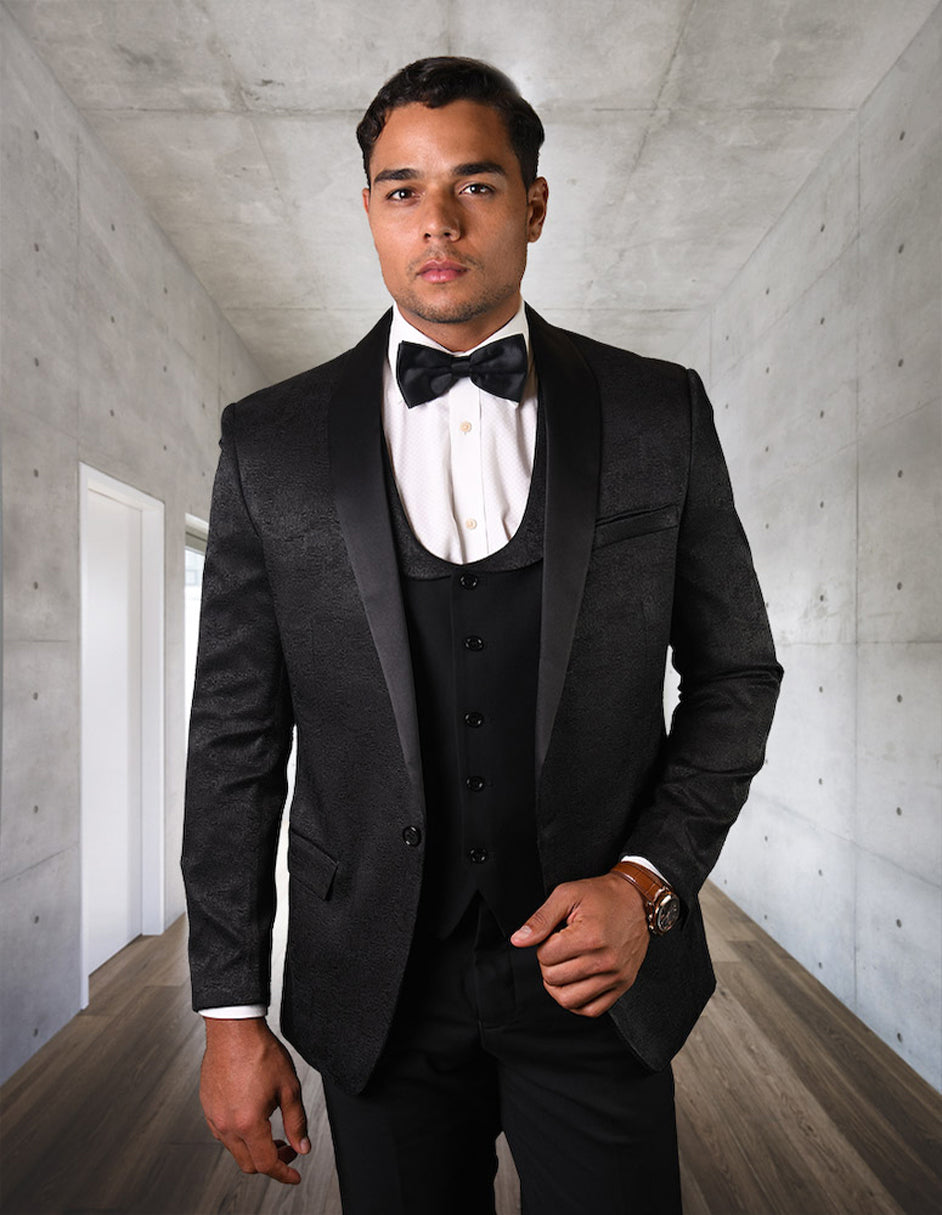 Mens One Button Shawl Lapel Vested Prom Tuxedo in Black Paisley - 36 Short