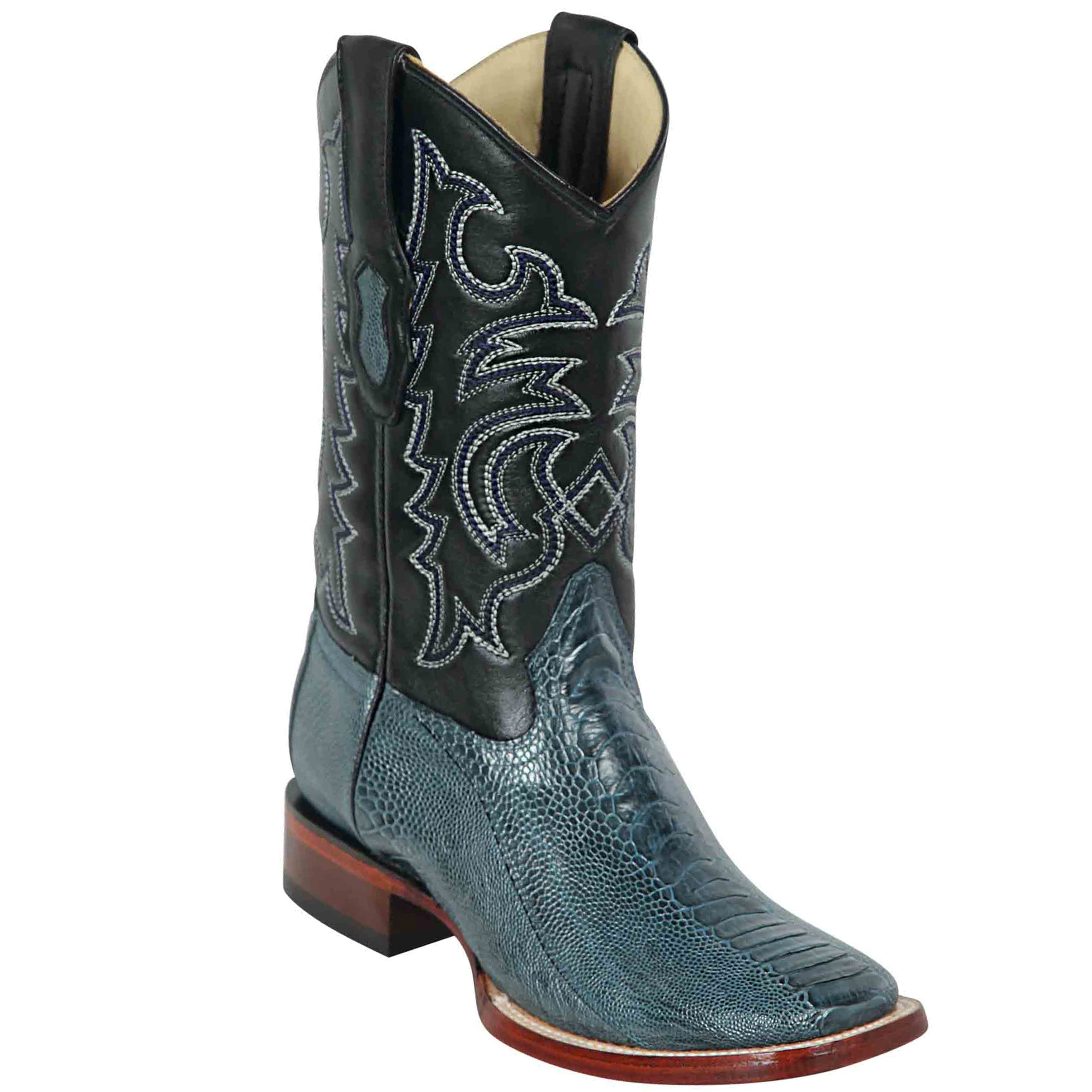 Blue Square Toe Ostrich Leg Boots - EE