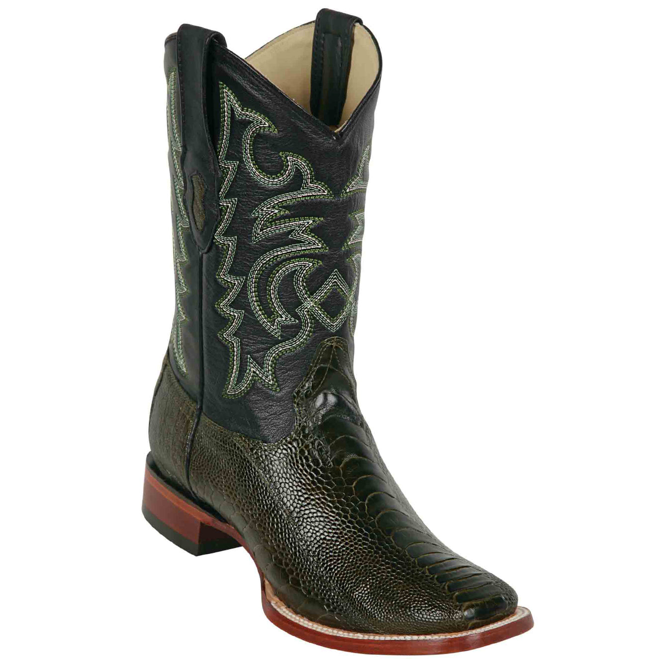 Ostrich Leg Square Toe Cowboy Boots Olive Green - EE