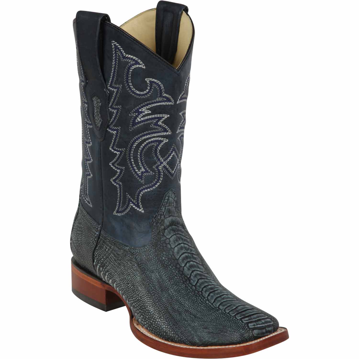 Men's Los Altos Ostrich Leg Skin Wide Square Toe Boots - Rustic - Black
