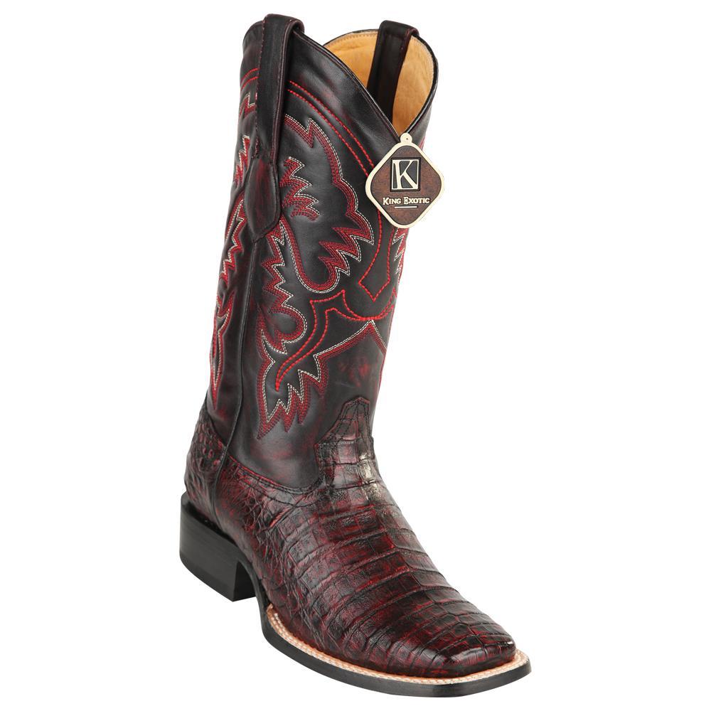 Men's King Exotic Wide Square Toe Caiman Belly Boots Handcrafted Black Cherry (48228218-2) - 6