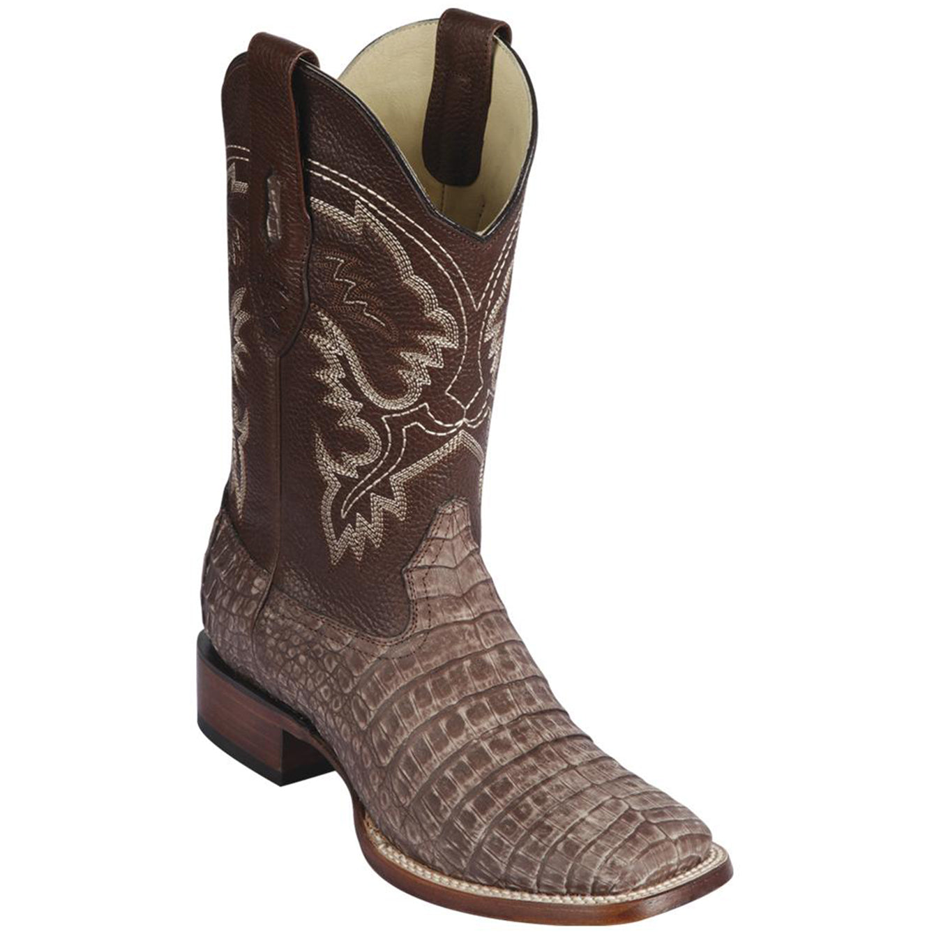 Caiman Belly Square Toe Cowboy Boots Sahara Brown - EE