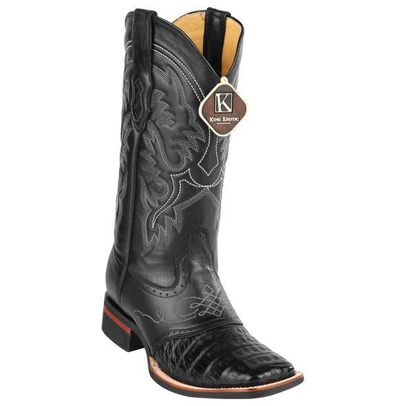Men's King Exotic Caiman Crepe Sole Square Toe Boots With Saddle Black  (48238205) - 6