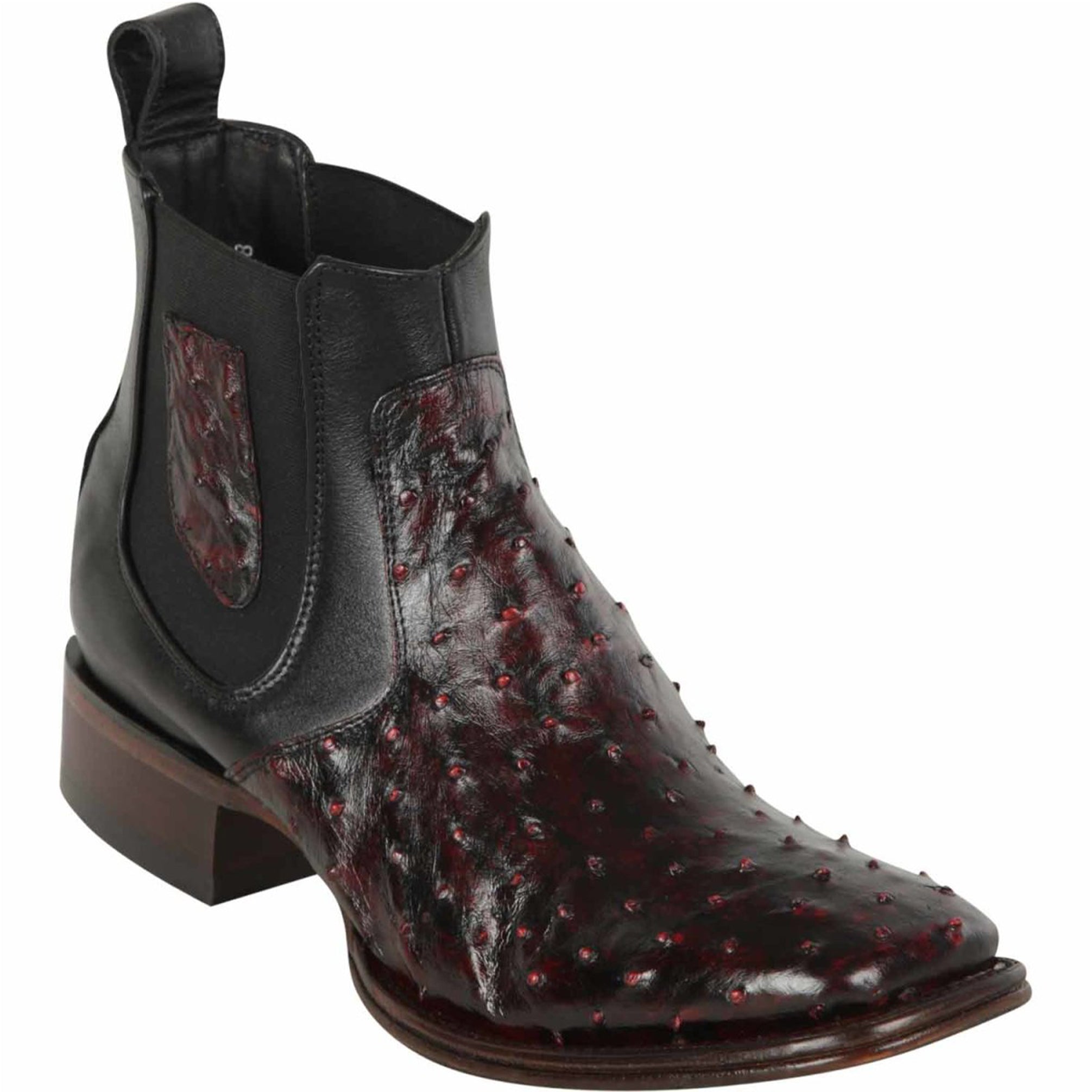Short Square Toe Black Cherry Ostrich Leather Boots - EE