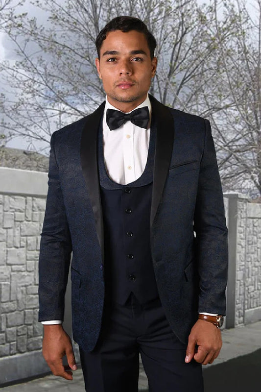 Mens Navy Blue Wedding Tuxedo - Dark Blue Tuxedo Suit" Mens One Button Shawl Lapel Vested Prom Tuxedo in Navy Paisley Navy Prom Suits