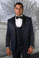 Mens Navy Blue Wedding Tuxedo - Dark Blue Tuxedo homecoming Suit" Mens One Button Shawl Lapel Vested Prom 2025 Tuxedo in Navy Paisley Navy Prom 2025 Suits