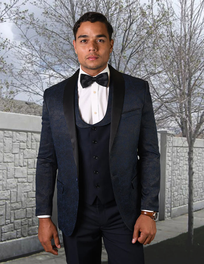 Mens Navy Blue Wedding Tuxedo - Dark Blue Tuxedo Suit" Mens One Button Shawl Lapel Vested Prom 2026 Tuxedo in Navy Paisley