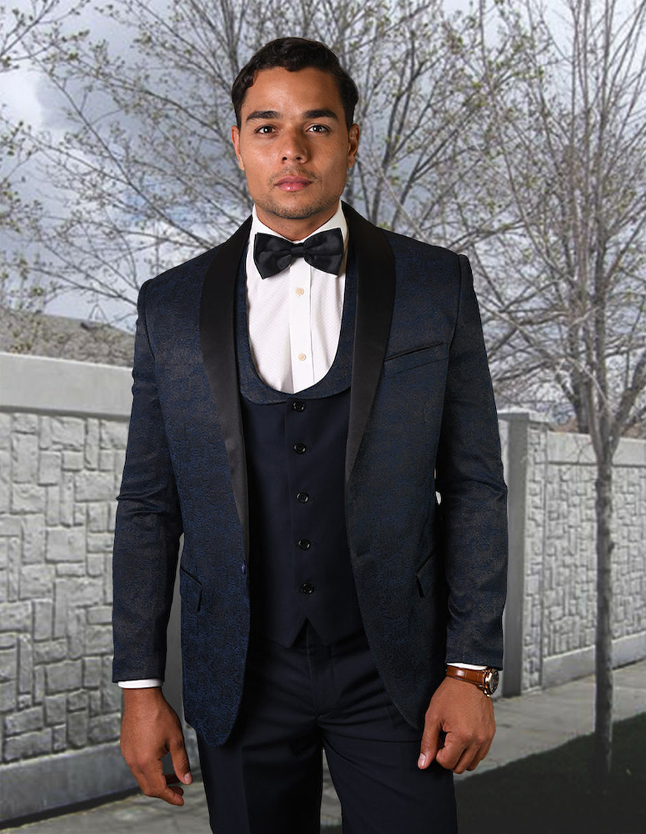Mens One Button Shawl Lapel Vested Prom Tuxedo in Navy Paisley - 38 Short