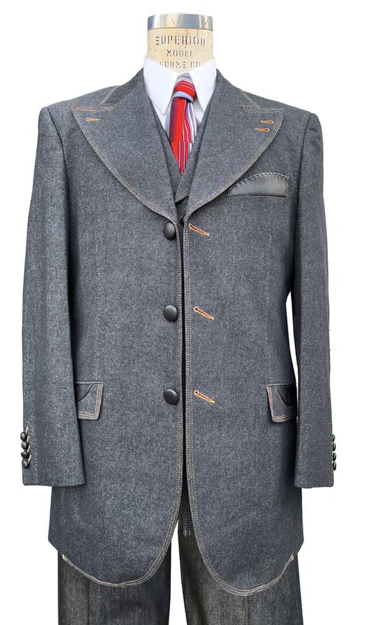 Denim Suit - Cotton Fabric Vested Suit - 3 Pieces Suit - Vested Fancy  Black Suit - 38 Short Jacket+32 Waist Adjustable 28to34)(Height: 5 4 to5 7 )(Neck  15-16.5)S-M)