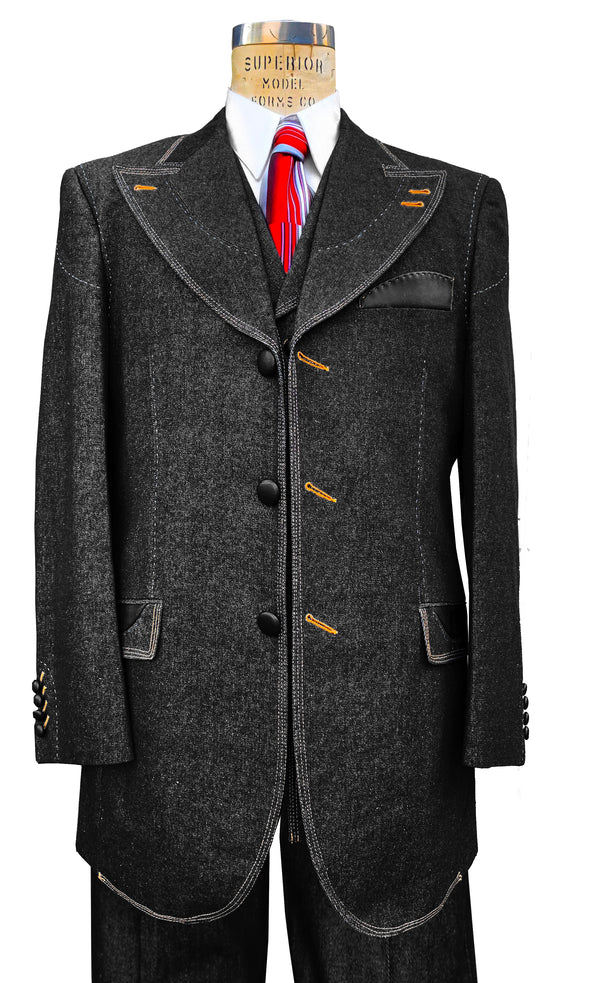 Denim Suit - Cotton Fabric Vested Suit - 3 Pieces Suit - Vested Fancy  Black Suit - 38 Short Jacket+32 Waist Adjustable 28to34)(Height: 5 4 to5 7 )(Neck  15-16.5)S-M)