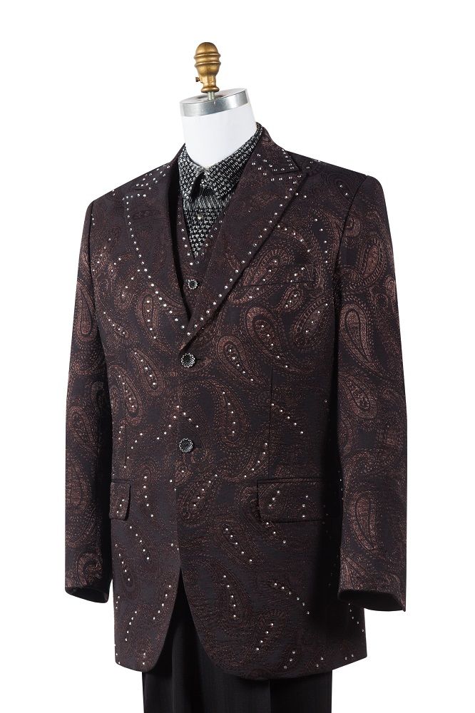 Canto Men's Silk Blend Fashion Suit Rhinestone Paisley 3 Piece Set - 38 Short Jacket+32 Waist Adjustable 28to34)(Height: 5 4 to5 7 )(Neck  15-16.5)S-M)