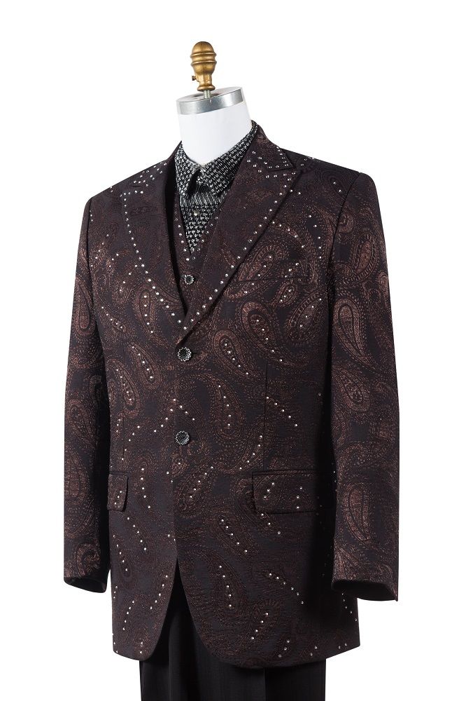 Canto Men's Silk Blend Fashion Suit Rhinestone Paisley 3 Piece Set