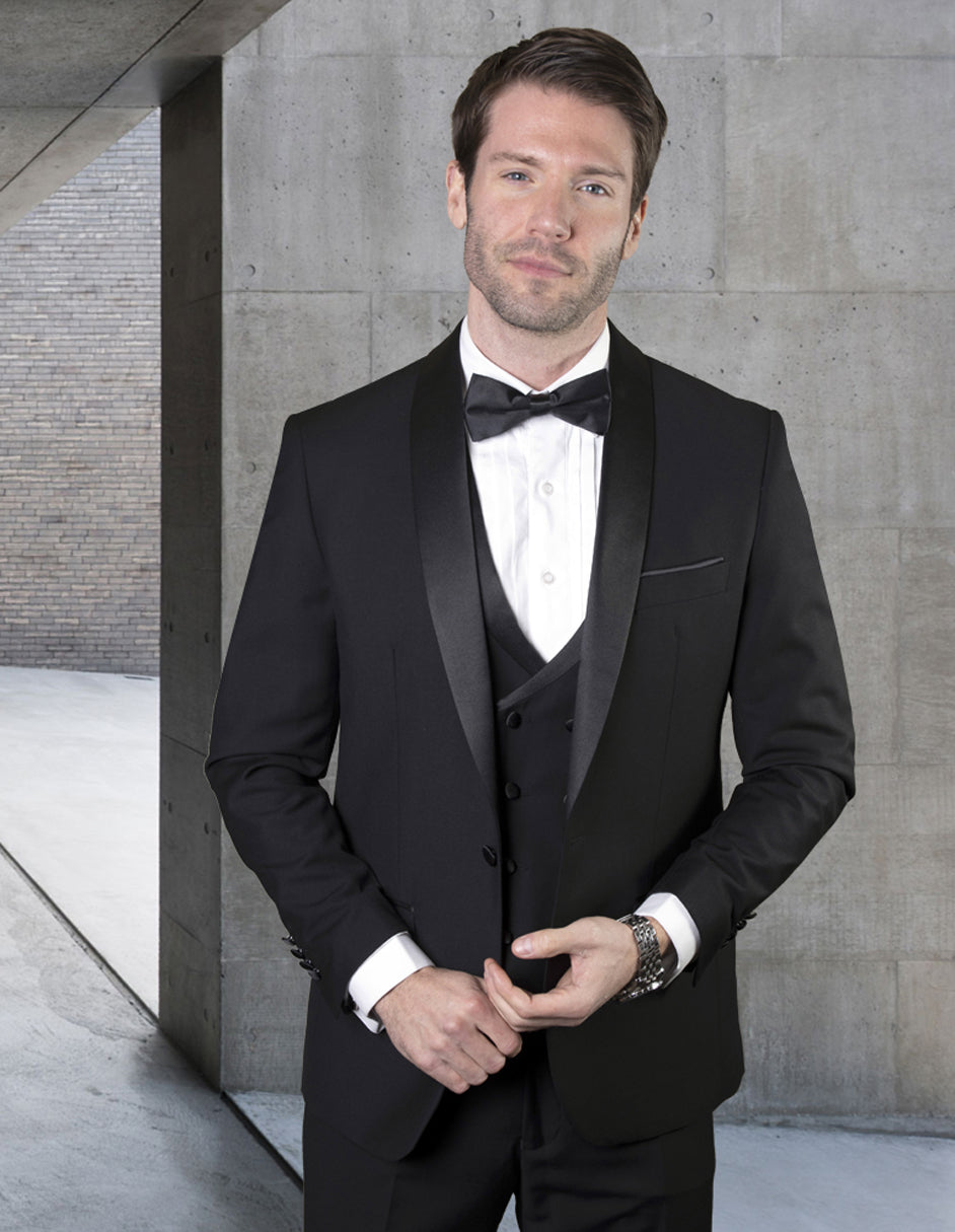 Mens Wool One Button Shawl Tuxedo with Double Breasted Vest in Black - 40 Short