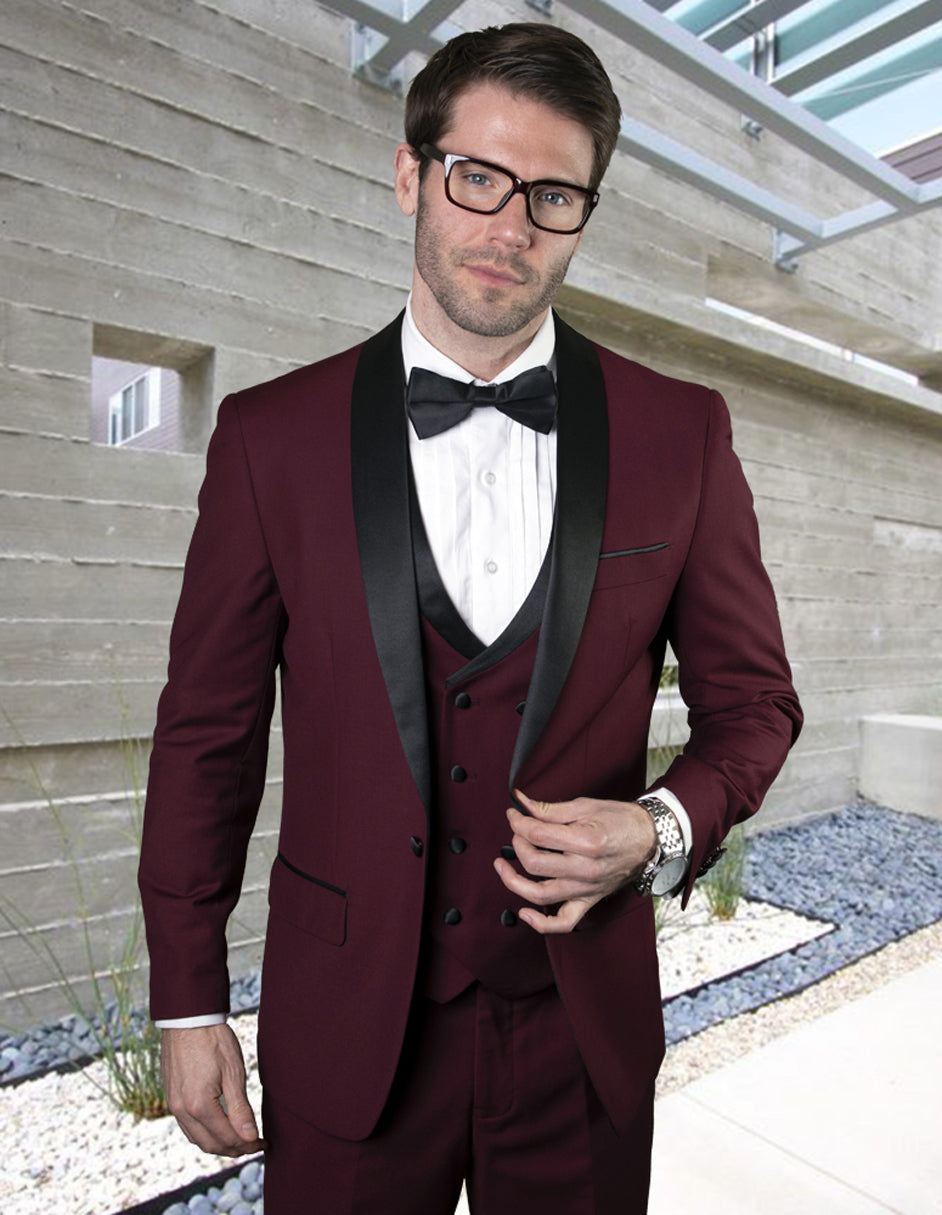 Mens Wool One Button Shawl Tuxedo with Double Breasted Vest in Burgundy - 36 Short