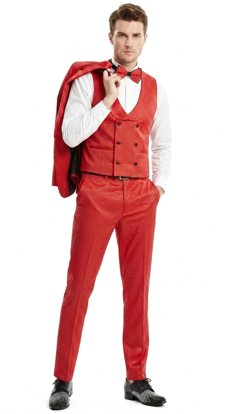 Tazio Men’s Cherry Red and Black  Polka-Dot 3-Piece Suit – Skinny Fit Prom, Wedding and Party Suit or Tuxedo - 34 Short or Extra Small