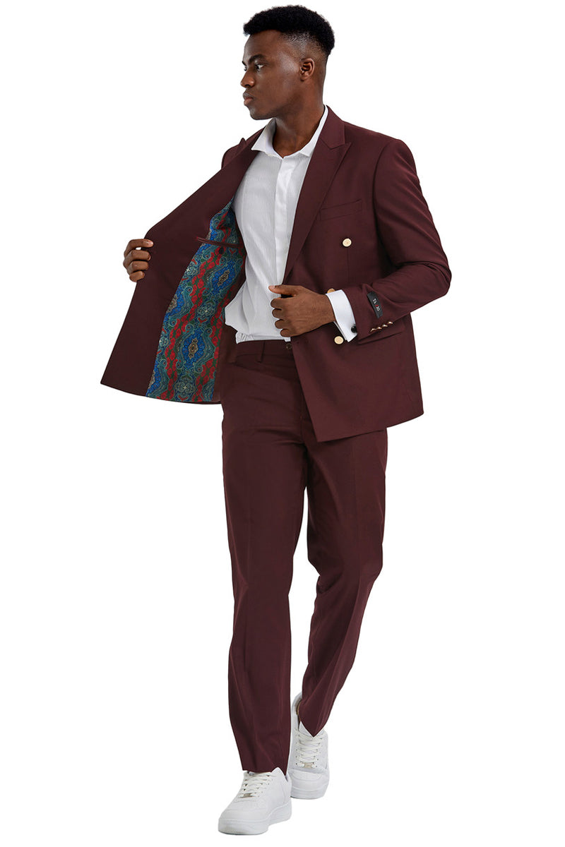 "Burgundy Men's Slim Fit Wedding Suit - Double Breasted with Gold Buttons"