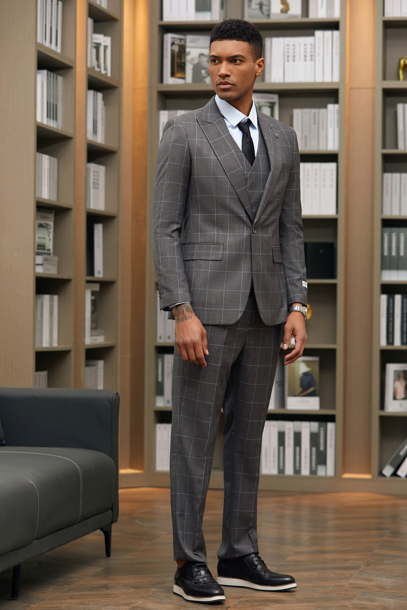 "Stacy Adams  Suit Men's Charcoal Windowpane Suit - One Button Peak Lapel with Vest"