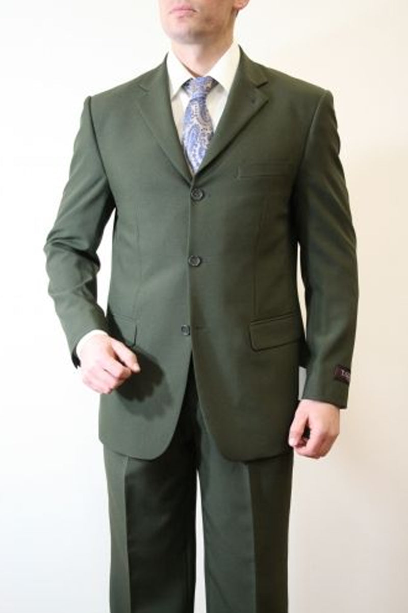 "Olive Poplin Suit for Men - Basic Three Button Style" - 34 Short