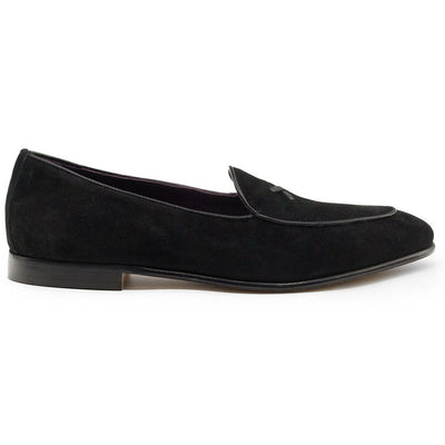 Zelli Hand-Stitched Sueded Goatskin Loafer with Crocodile Vamp in Black