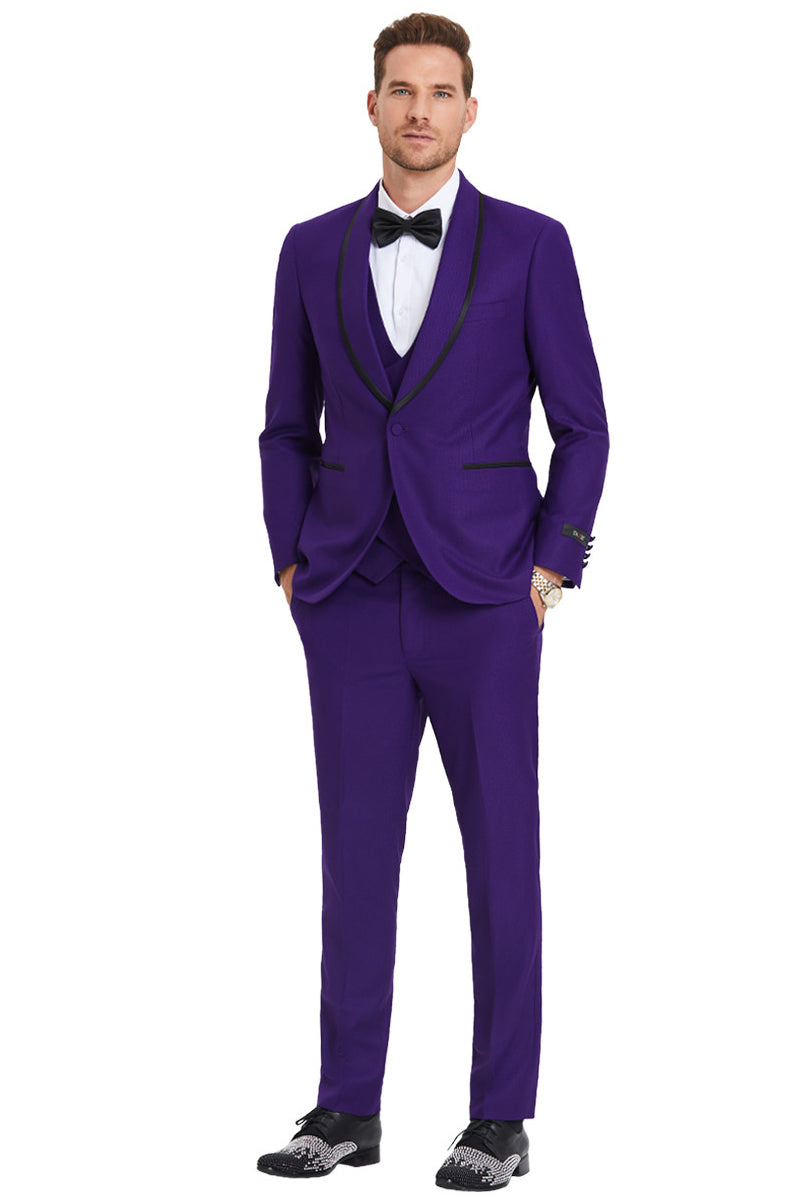Purple Birdseye Men's Shawl Tuxedo with One Button Vest & Black Satin Trim