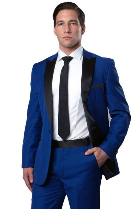 "Royal Blue Men's Slim Fit Wedding Tuxedo with One Button Peak Lapel"