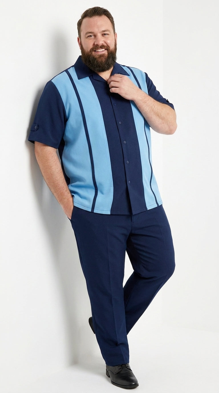 Men’s Navy and Sky Blue Walking Suit – 2-Piece Short Sleeve Casual Leisure Outfit - Small