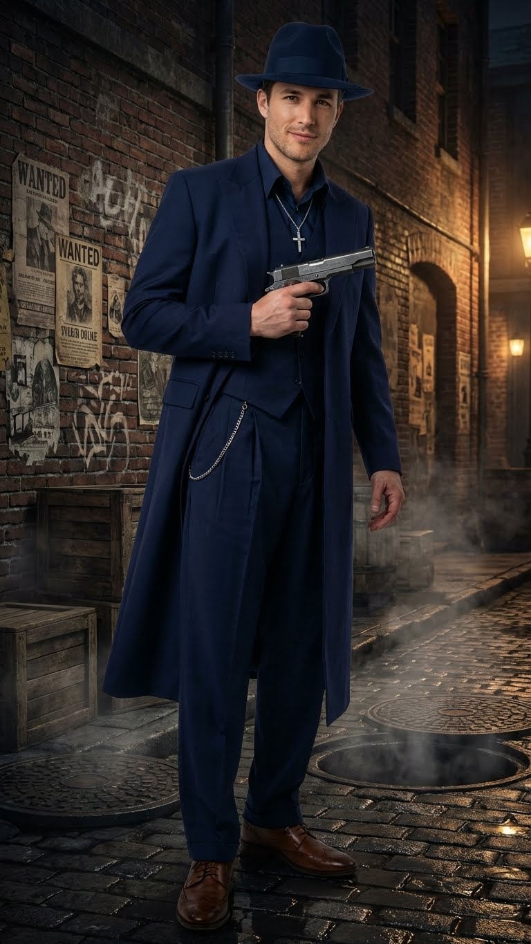 Mens Navy Blue 1920s Zoot Suit Long Mafia Gangster Three-Piece Vintage Costume Set Suit Pachuco Style - 34 Short or Extra Small