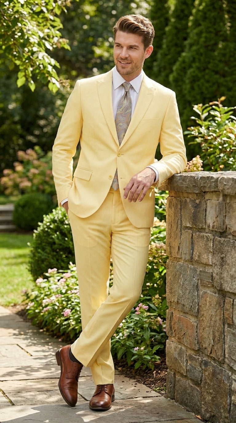 Men’s Pale Yellow 2 Piece Suit, Formal Dress Suit for Weddings, Prom, Parties, Summer Events, and Special Occasions By Vitali - 34 Short or Extra Small