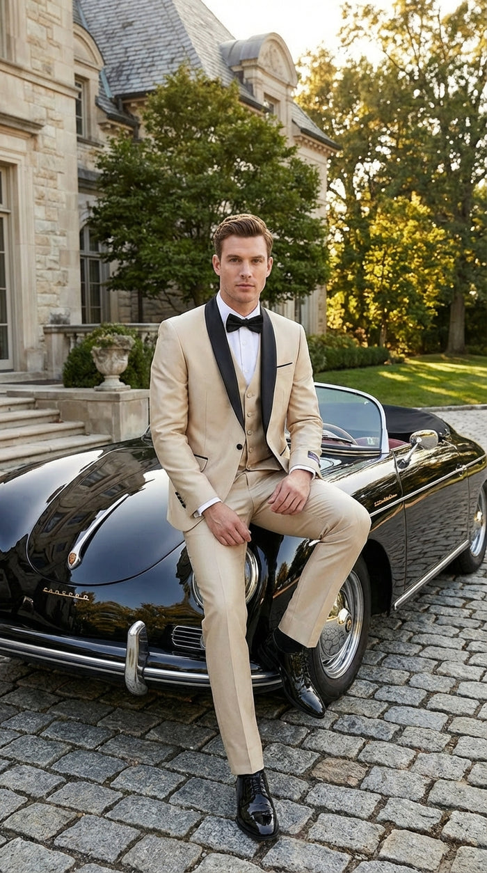 Mens Champagne Beige Shiny Tuxedo 3 Piece Suit with Black Shawl Lapel | Formal Wedding Prom Suit Set in Sand Light Tan Color