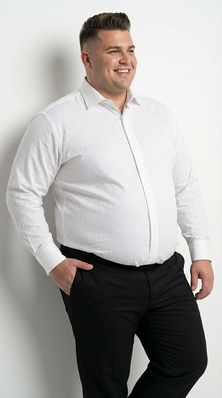 Mens White Herringbone Shadow and Tone on Tone Dress Shirt – Classic Formal Wedding - 15.5"Neck-34-35" Sleeve