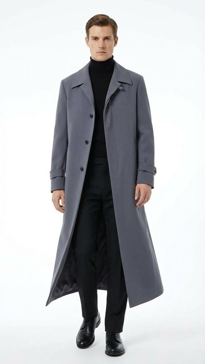 Mens Full-Length Charcoal Grey Overcoat Premium Microfiber Blend Long Dress Coat for Winter and Formal Wear in Gray Color