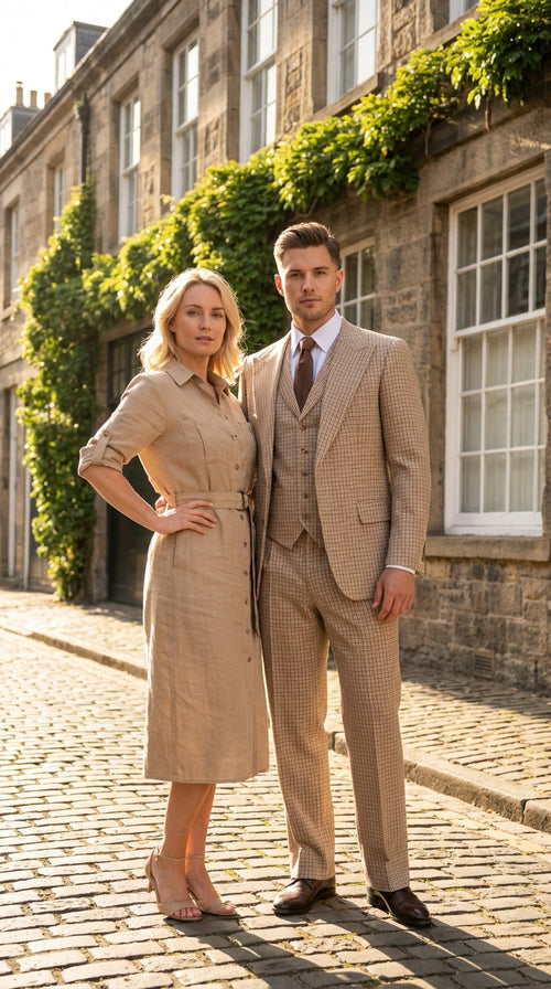 Mens Beige tan Checkered Three Piece Suit with Classic Fit Wide Leg Pleated Pants by Rossiman khaki color