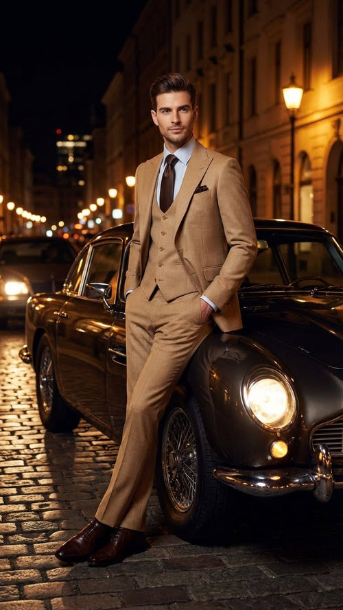 Men's Tan Three-Piece Suit with Vest Classic Tailored Fit  in camel khaki Bronze color By Rossiman