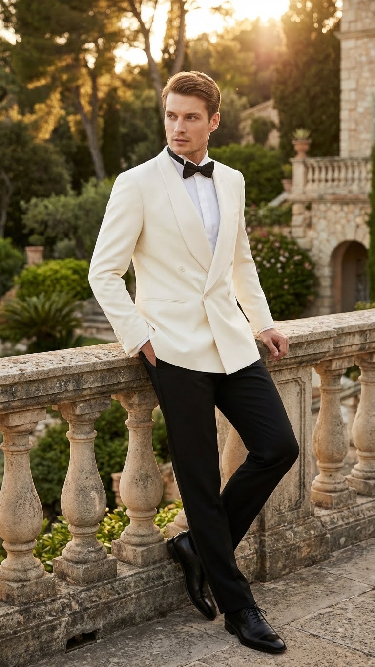 Men’s Ivory Double-Breasted Shawl Lapel Tuxedo Jacket | Premium Formal Dinner Jacket for Weddings and Black-Tie Events - 38 Short Jacket+32 Waist Adjustable 28to34)(Height: 5 4 to5 7 )(Neck  15-16.5)S-M)