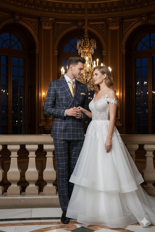 Mens Navy and Tan Windowpane Double-Breasted Suit | Classic 2-Piece Plaid Dress Suit, Business, and Formal Events By Rossiman